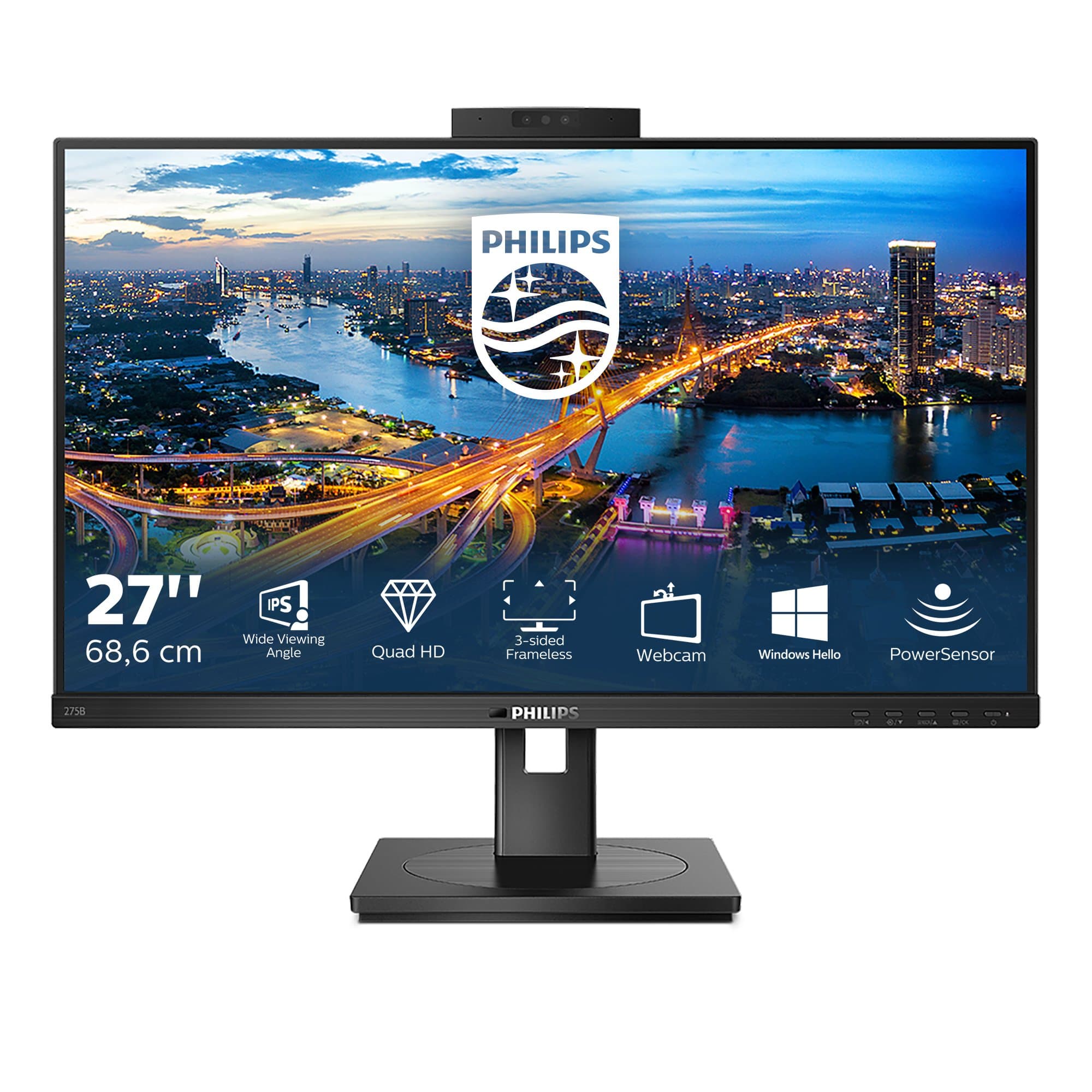 PHILIPS PHILIPS 275B1H/75 27" 16:9 1440P QHD IPS LCD, DVI, HDMI, DP, USB(4),WEBCAM,H/ADJ,SPKR,4YR 275B1H