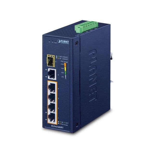 Planet Planet IGS-614HPT Industrial 4-Port 10/100/1000T 802.3at PoE + 1-Port 10/100/1000T + 1-Port 100/1000X SFP Gigabit Ethernet Switch NS057