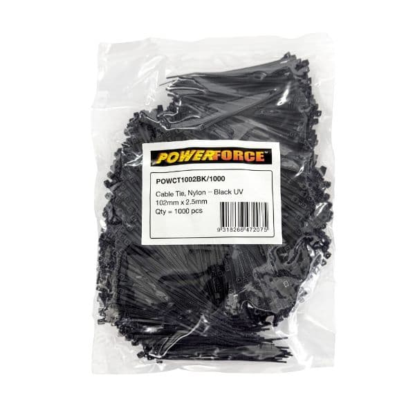 POWERFORCE 2.5 X 102mm Black UV Cable Ties Pack Of 1000 8kgs Tensile Strength POWCT1002BK-1000