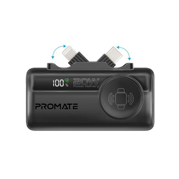 Promate 5000mAh Ultra-Compact Fast Charging Power Bank In-Built Dual Folding USB-C & Lightning POWERUP-TRIO-BLK