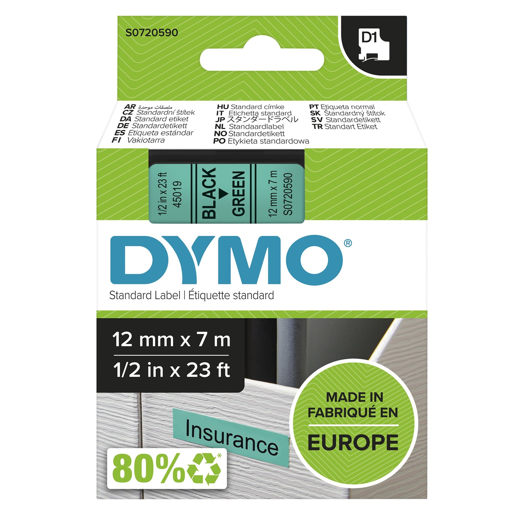 Dymo DYMO Genuine D1 Label Cassette Tape 12mm x 7M, Black on Green S0720590