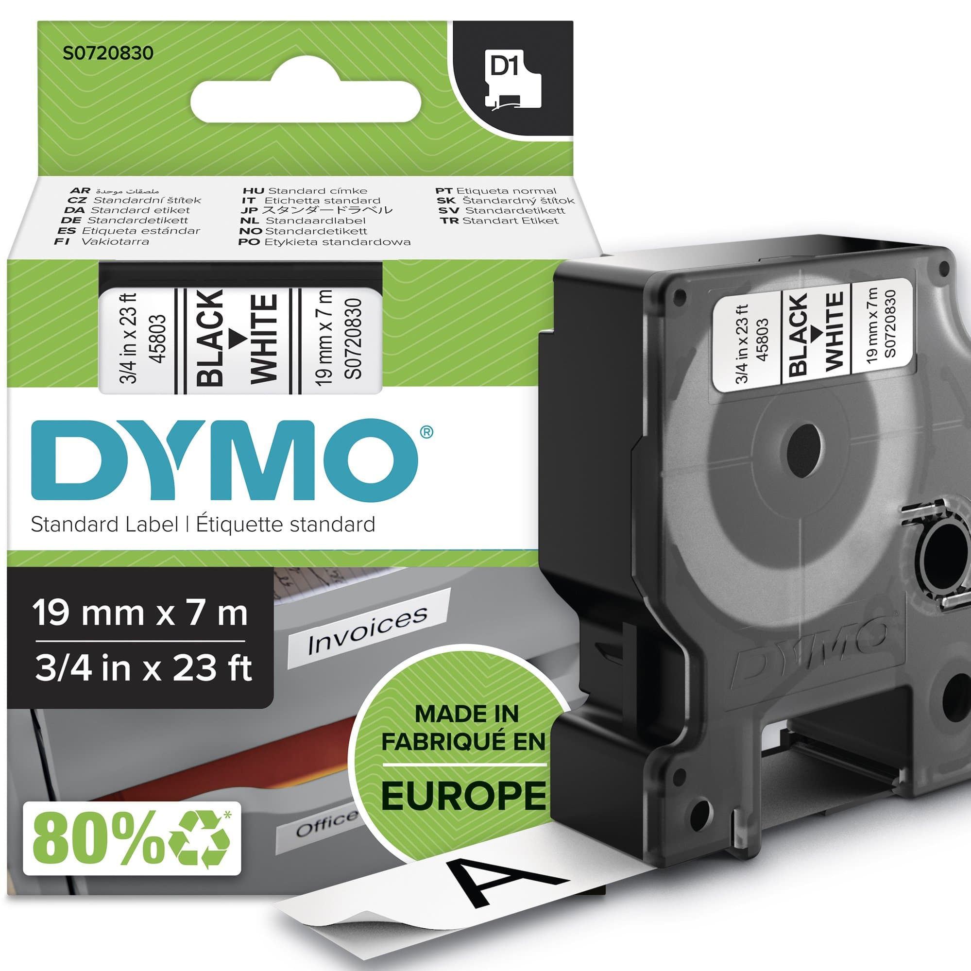 Dymo DYMO Genuine D1 Label Cassette Tape 19mm x 7M, Black on White S0720830