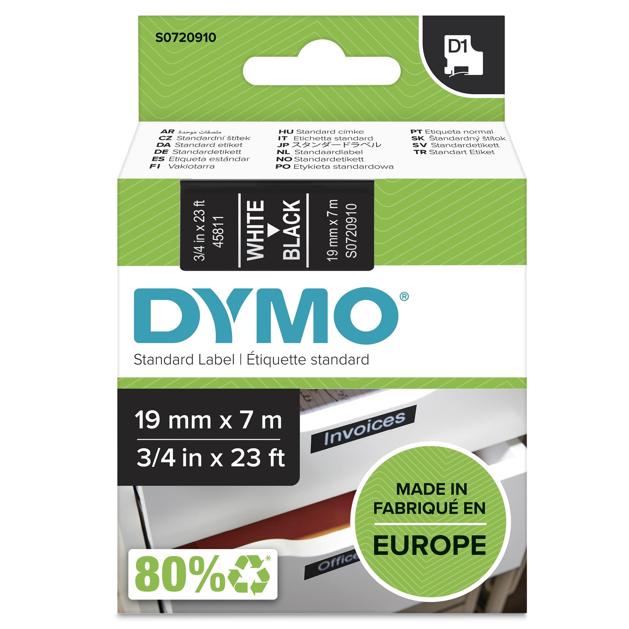 Dymo DYMO Genuine D1 Label Cassette Tape 19mm x 7M,  White on Black S0720910