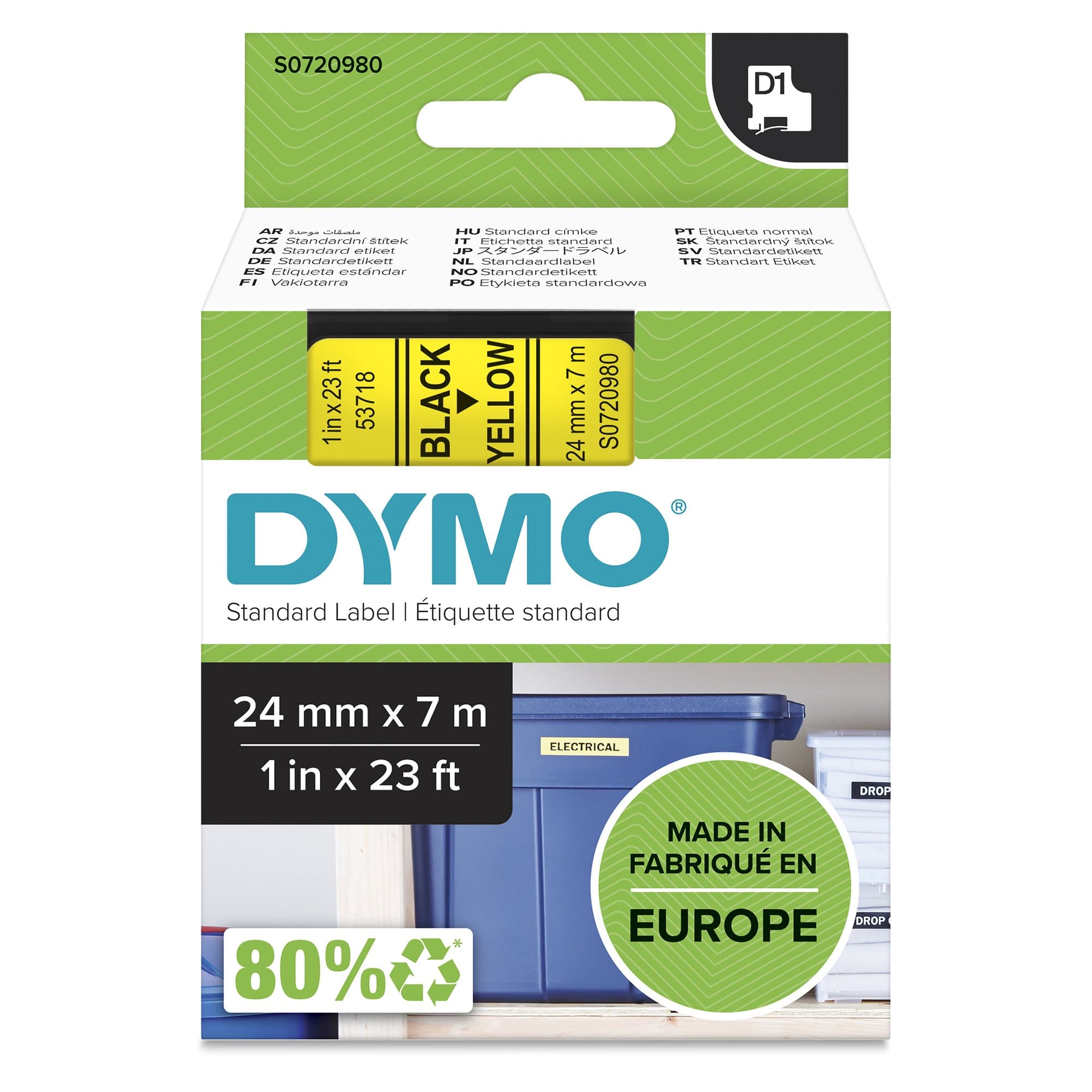 Dymo DYMO Genuine D1 Label Cassette Tape 24mm x 7M, Black on Yellow S0720980
