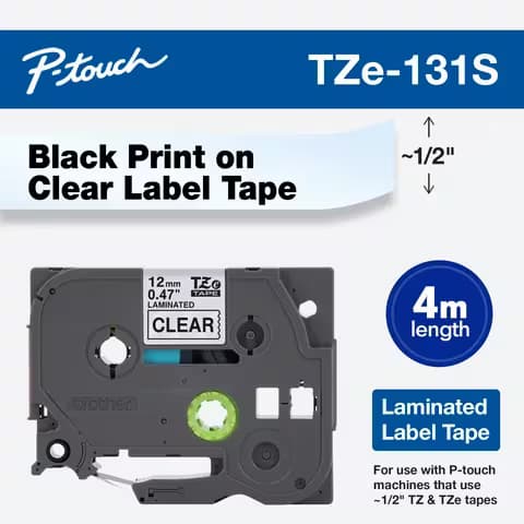 Brother Brother TZe-131S 12mm x 4m Black on Clear Laminated Tape TZE131S