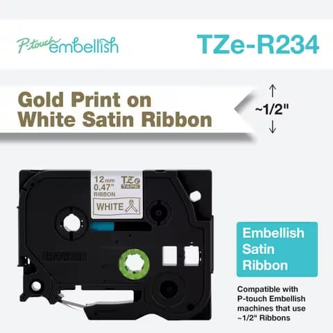 Brother Brother TZe-R234 12mm x 4m Gold on White Ribbon Tape TZER234