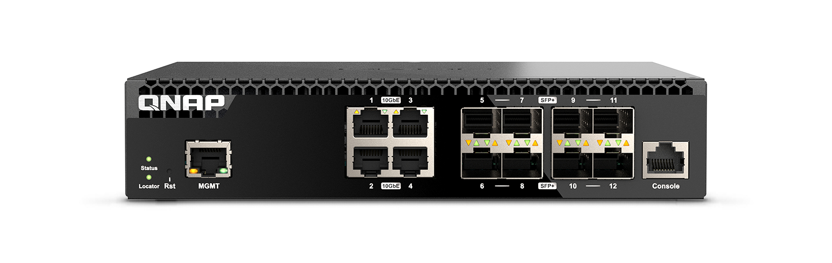 QNAP QSW-M3212R-8S4T, Management Switch, 12 port of 10GbE port speed, 8 port SFP+, 4 port  10gbE RJ45, half-rackmount design QNAP — view 2