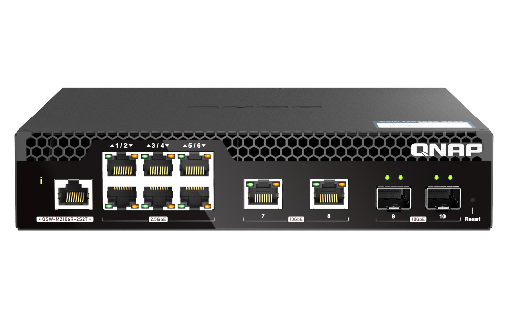 QNAP QSW-M2106R-2S2T, 6 port 2.5Gbps, 2 ports 10GbE SFP+, 2 ports 10GbE RJ45 , web managed switch, half-rackmount design QNAP — view 2