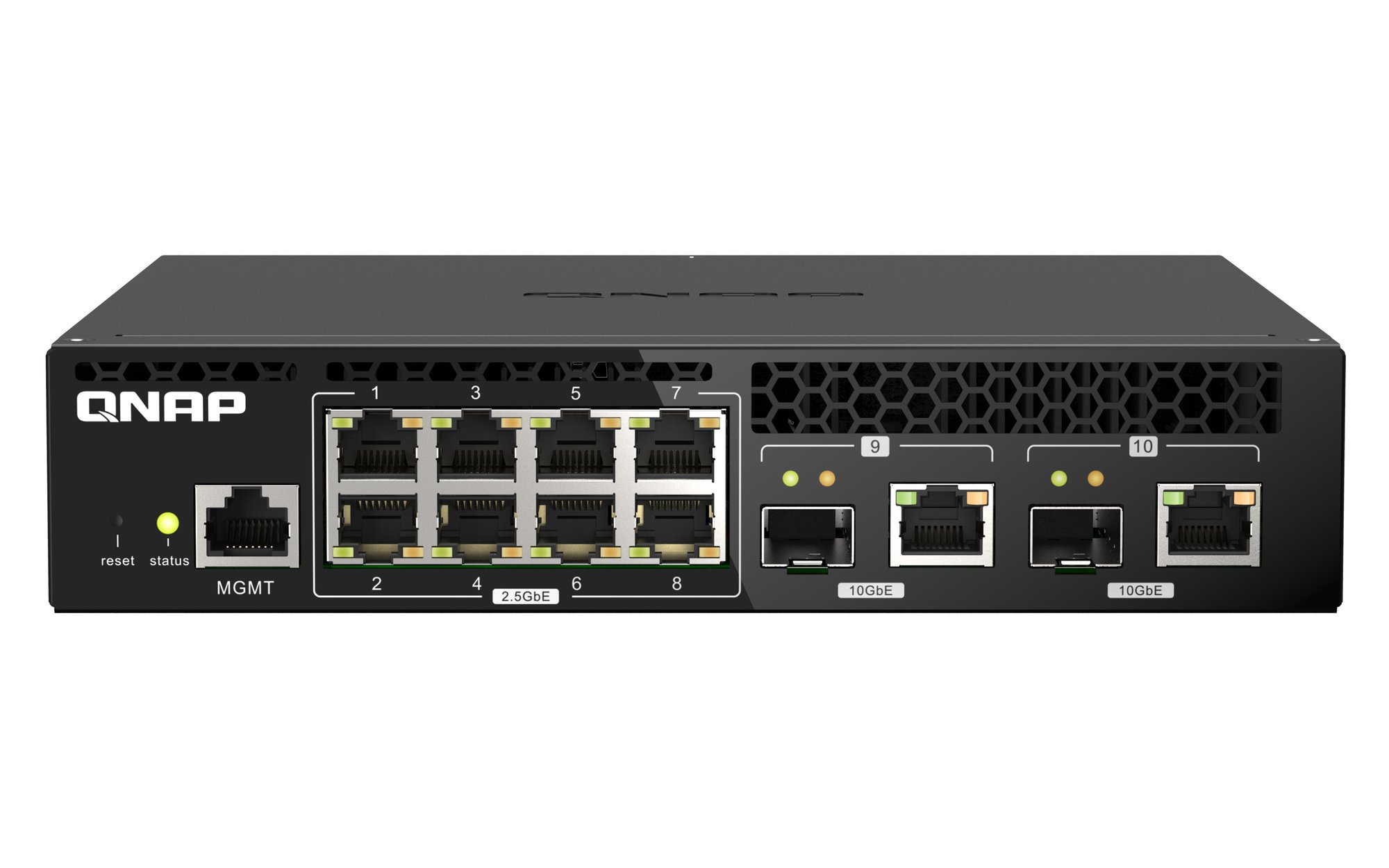 QNAP QSW-M2108R-2C, 8 port 2.5Gbps, 2 port 10Gbps SFP+/ NBASE-T Combo, web managed switch, rackmount design, new rack mount kit QNAP — view 2