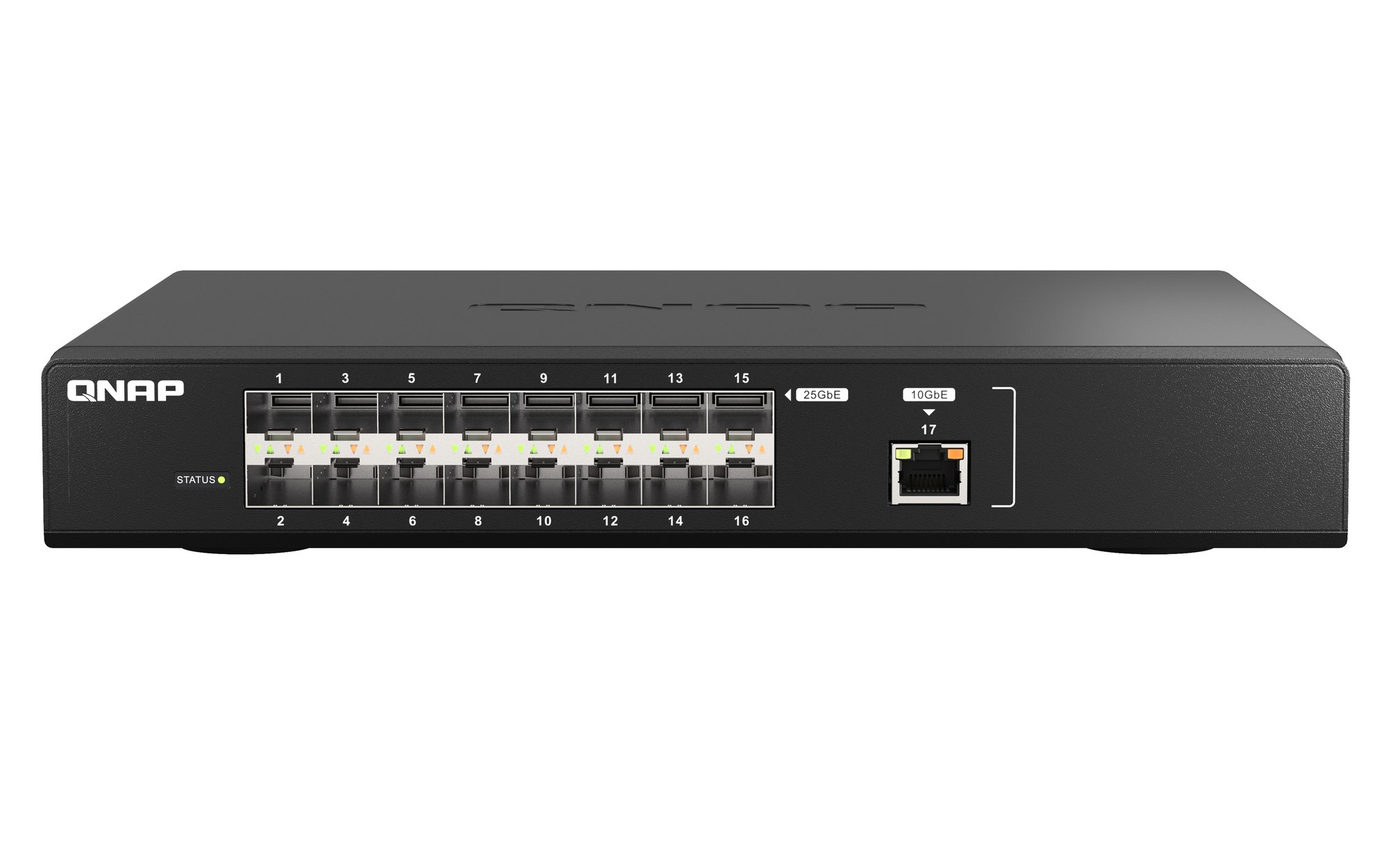 QNAP QSW-M5216-1T, 1 port 10GbE RJ45, 16 ports GbE SFP28, web managed switch, rackmount design QNAP — view 2