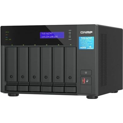 QNAP TVS-h674T-i5-32G 6-bay QuTS hero NAS, Intel® Core i5-12400 6-core/12-thread, up to 4.6GHz, 32GB SO-DIMM  DDR4(max.64GB), 6 x 2.5"/3.5" SATA HDD/SSD, 2 x 2.5GbE, 2x M.2 PCIe Gen4 x4 slots, 2 x Thunderbolt 4, PCIe Gen4 slots, HDMI 1.4b, 350W PSU QNAP — view 2