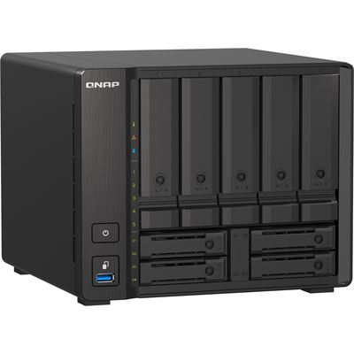QNAP TS-h973AX-8G 9-bay NAS, AMD Ryzen V1500B 4C 8T 2.2GHz, 8GB DDR4 SODIMM (max. 64GB total, optional ECC RAM support), 5 x 2.5"/3.5" SATA 6Gbps + 2 x 2.5" U.2 NVMe PCIe Gen3 x4 / 2.5" SATA 6Gbps + 2 x 2.5" SATA 6Gbps drive bays. 2 x 2.5GbE, 1 x 10G QNAP — view 2