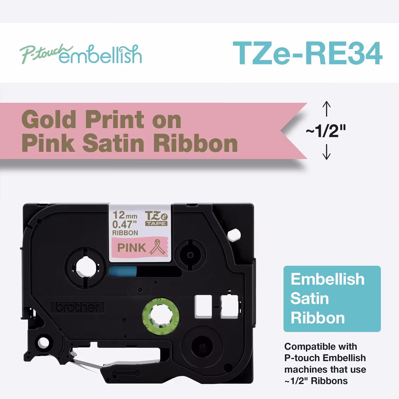 BROTHER TZERE34 12MM GOLD ON PINK RIBBON TAPE BROTHER — view 2
