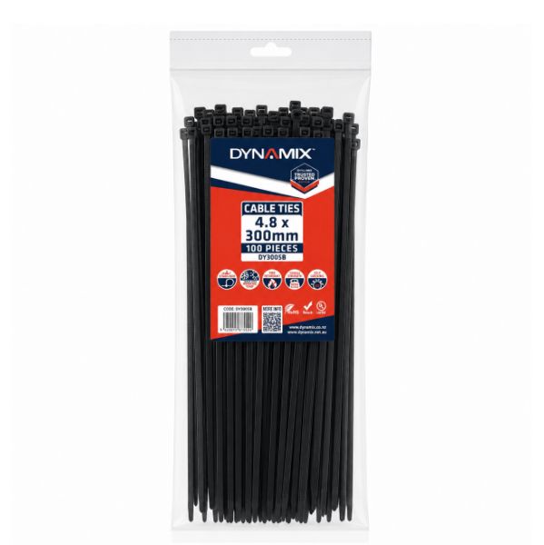 4.8x300mm UV Black Cable Ties Pack Of 100 Dynamix — view 2