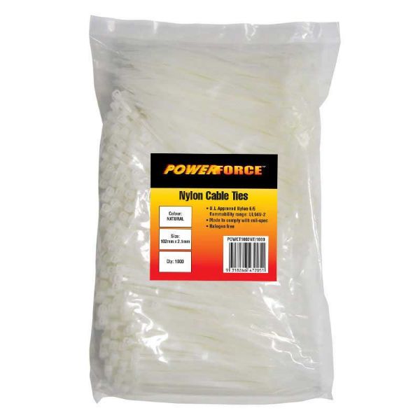 2.5 X 102mm Natural Cable Ties Pack Of 1000 8kgs Tensile Strength POWERFORCE — view 2