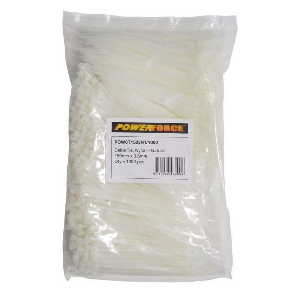 3.6 X 150mm Natural Cable Ties Pack Of 1000 18kgs Tensile Strength POWERFORCE — view 2