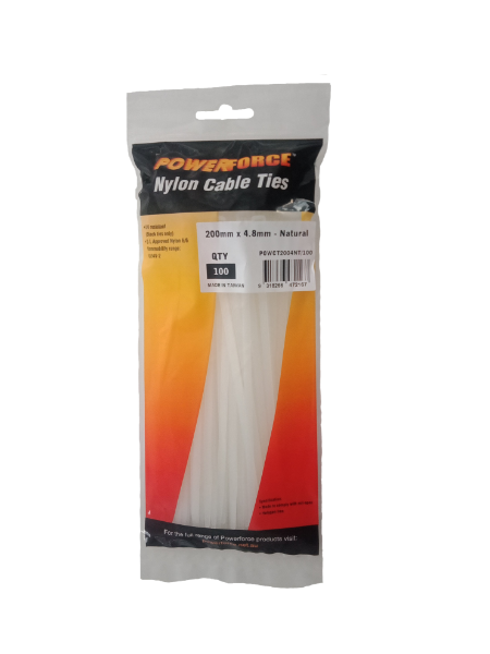 4.8 X 200mm Natural Cable Ties Pack Of 100 22kgs Tensile Strength POWERFORCE — view 2