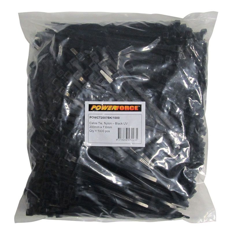 7.6 X 200mm Black UV Cable Ties Pack Of 1000 55kgs Tensile Strength POWERFORCE — view 2