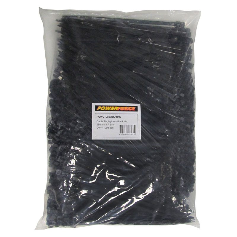 7.6 X 280mm Black UV Cable Ties Pack Of 1000 55kgs Tensile Strength POWERFORCE — view 2
