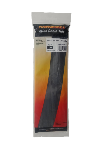 4.8 X 300mm Black UV Cable Ties Pack Of 100 22kgs Tensile Strength POWERFORCE — view 2