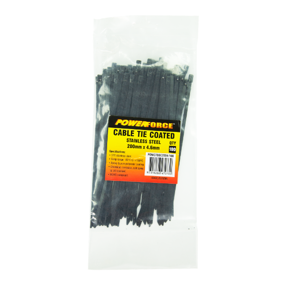 4.6 X 200mm 316L Stainless Steel Cable Ties Pack Of 100 667N/68kgs Tensile Strength POWERFORCE — view 2