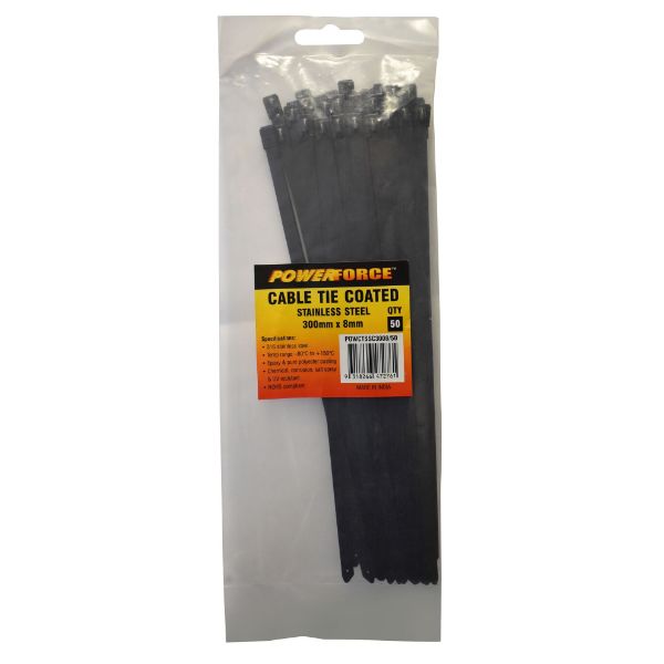 8 X 300mm 316L Stainless Steel Cable Ties Pack Of 50 1335N/136kgs Tensile Strength POWERFORCE — view 2