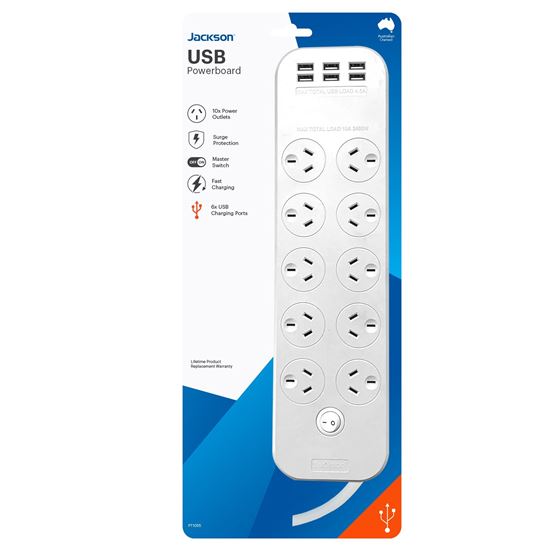 JACKSON 10-Way Powerboard with 6x USB-A Fast Charging Ports (4.5A) Jackson — view 2