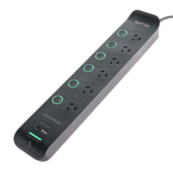Raptor Individually Switched 6 Way Surge Protected Powerboard Jackson — view 2