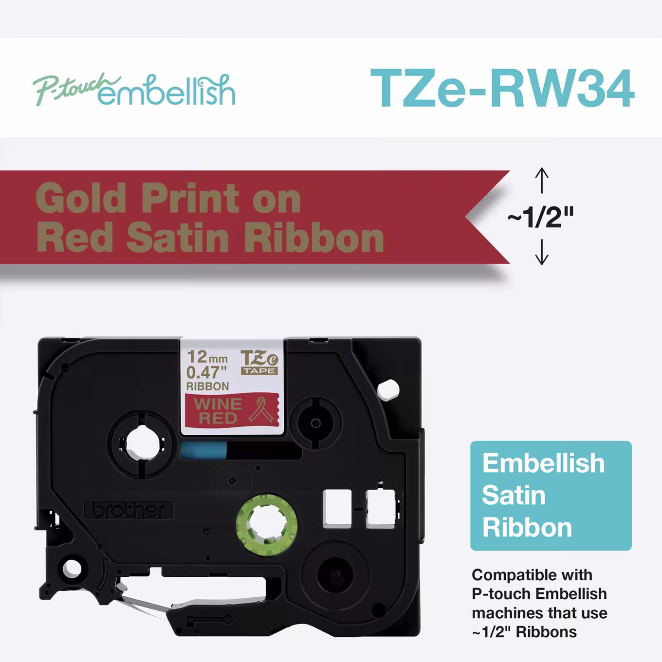 Brother TZe-RW34 12mm x 4m Gold on Wine Red Ribbon Tape Brother — view 2